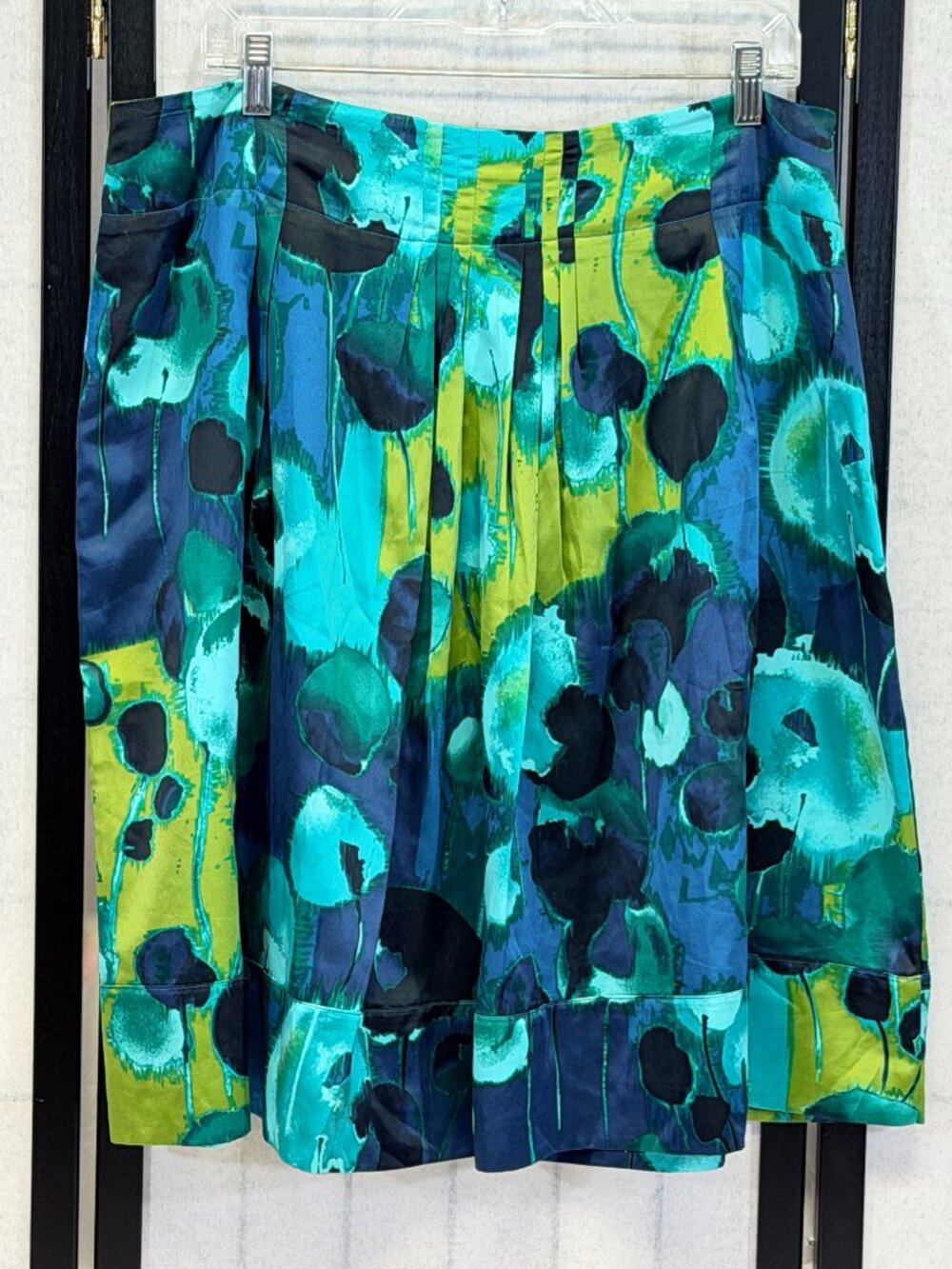 Worthington Pleat Midi Skirt 14 Satiny Blue Black Aqua Lined Abstract Wide Waist